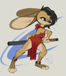 Size: 791x916 | Tagged: safe, artist:reign-2004, oc, oc only, lagomorph, mammal, rabbit, anthro, 2019, black hair, brown body, brown eyes, brown fur, clothes, digital art, dress, female, fur, hair, multicolored fur, side slit, solo, solo female, weapon, whiskers