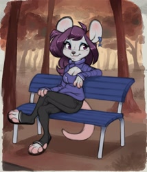 Size: 1752x2048 | Tagged: safe, artist:reign-2004, oc, oc only, mammal, mouse, rodent, anthro, 2019, bench, bottomwear, cleavage window, clothes, crossed legs, digital art, ear piercing, earring, female, forest, fur, multicolored fur, pants, park, park bench, piercing, purple eyes, sitting, smiling, solo, solo female, sweater, topwear, tree, white body, white fur