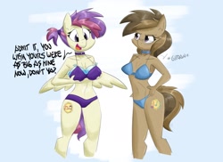 Size: 1920x1396 | Tagged: suggestive, artist:flutterthrash, oc, oc only, oc:dawnsong, oc:evensong, earth pony, equine, fictional species, mammal, pegasus, pony, anthro, hasbro, my little pony, annoyed, anthrofied, balloon, bra, bra stuffing, brown body, brown fur, brown hair, clothes, collar, dialogue, female, females only, fur, glasses, hair, multicolored hair, panties, pink hair, purple eyes, purple hair, smiling, talking, text, two toned hair, underwear, yellow body, yellow fur