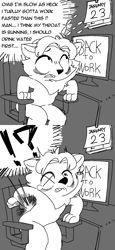 Size: 995x2160 | Tagged: safe, artist:burnbuckie, oc, oc only, oc:burnbuckie (burnbuckie), ambiguous species, mammal, anthro, back pain, biting, calendar, chair, claws, comic, computer, desk, dialogue, exclamation point, fursona, grayscale, hair, indoors, lip biting, looking up, male, mane, monochrome, open mouth, pain, question mark, sitting, solo, solo male, sweat, talking, teary eyes, text, x eyes