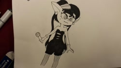Size: 1280x720 | Tagged: safe, artist:tjpones, callie (splatoon), animal humanoid, fictional species, inkling, mammal, mollusk, squid, humanoid, nintendo, splatoon, 16:9, beauty mark, clothes, ear piercing, earring, fangs, female, gloves, holding object, irl, microphone, monochrome, photo, photographed artwork, piercing, pointy ears, sharp teeth, solo, solo female, teeth, tentacle hair, tentacles, traditional art