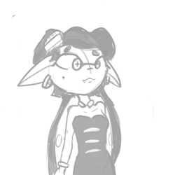 Size: 792x792 | Tagged: safe, artist:tjpones, callie (splatoon), animal humanoid, fictional species, mammal, mollusk, squid, humanoid, nintendo, splatoon, beauty mark, bracelet, breasts, clothes, ear piercing, earring, fangs, female, grayscale, jewelry, monochrome, piercing, pointy ears, sharp teeth, simple background, solo, solo female, teeth, tentacle hair, tentacles, white background