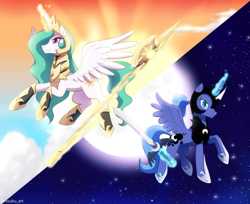 Size: 1100x899 | Tagged: safe, artist:riouku, princess celestia (mlp), princess luna (mlp), alicorn, equine, fictional species, mammal, pony, feral, friendship is magic, hasbro, my little pony, 2021, armor, boots, clothes, duo, duo female, female, females only, flying, glowing, glowing horn, halberd, hoof shoes, horn, majestic, mare, moon, peytral, polearm, shoes, siblings, sister, sisters, spread wings, sun, sword, tail, telekinesis, weapon, wings