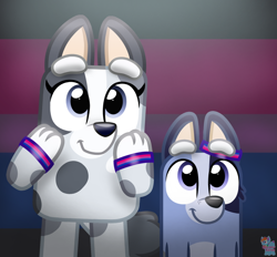 Size: 928x861 | Tagged: safe, artist:rainbow eevee, muffin heeler (bluey), socks heeler (bluey), australian cattle dog, canine, dog, mammal, feral, semi-anthro, bluey (series), 2d, bisexual pride flag, bisexuality, blue body, blue fur, cute, duo, duo female, female, females only, flag, fur, gray body, gray fur, pride flag, puppy, siblings, sister, sisters, young