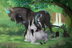 Size: 1280x853 | Tagged: safe, artist:kamilazu, oc, oc only, oc:blue bell (zuboko), oc:cohasset, oc:furia (zuboko), classical unicorn, equine, fictional species, horse, mammal, pony, unicorn, feral, 2020, ambient wildlife, animal genitalia, bell, black body, black fur, black hair, blue hair, blue tongue, bush, collar, colored tongue, commission, digital art, female, fur, gray body, gray fur, group, hair, hooves, horn, leonine tail, lying down, male, mane, mare, nudity, outdoors, prone, sheath, sheathed, size difference, stallion, standing, tail, tongue, trio, unshorn fetlocks, water, waterfall, white body, white fur