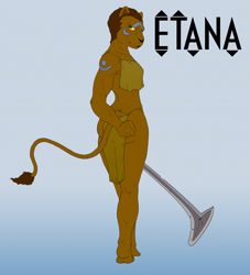 Size: 1164x1280 | Tagged: safe, artist:t-kay, oc, oc only, oc:etana, big cat, feline, lion, mammal, anthro, plantigrade anthro, blue eyes, butt, clothes, female, loincloth, looking at you, looking back, solo, solo female, topwear, unamused, weapon