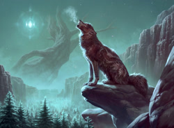 Size: 1400x1028 | Tagged: safe, artist:caraid, official art, canine, mammal, wolf, feral, lifelike feral, magic the gathering, ambiguous gender, breath, brown body, brown fur, canyon, conifer tree, detailed, digital art, digital painting, ear fluff, ears laid back, eyes closed, fluff, forest, fur, gray body, gray fur, howling, night, non-sapient, open mouth, outdoors, paws, raised head, realistic, rock, scenery, scenery porn, side view, sitting, solo, solo ambiguous, stars, tail, tail fluff, tree
