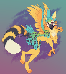 Size: 896x999 | Tagged: safe, artist:ailuranthropy, oc, oc only, oc:reign (kazuya_violet_deathcoil), bird, feline, fictional species, gryphon, mammal, anthro, digitigrade anthro, 2021, abstract background, beak, blue body, blue fur, breasts, butt fluff, cheek fluff, commission, digital art, ear fluff, feathered wings, feathers, featureless breasts, female, fluff, fur, green body, green eyes, green fur, looking at you, orange body, orange feathers, orange fur, paws, ringtail, side view, solo, solo female, spotted fur, spread wings, tail, tail feathers, tail fluff, wings, yellow body, yellow feathers, yellow fur