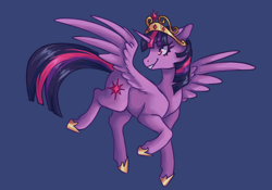 Size: 3000x2100 | Tagged: safe, artist:flaming-trash-can, twilight sparkle (mlp), alicorn, equine, fictional species, mammal, pony, feral, friendship is magic, hasbro, my little pony, 2020, blue background, crown, feathered wings, feathers, female, high res, hoof shoes, horn, jewelry, mare, regalia, simple background, smiling, solo, solo female, spread wings, tail, wings