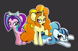Size: 2500x1632 | Tagged: safe, artist:kurib0n, adagio dazzle (mlp), aria blaze (mlp), sonata dusk (mlp), earth pony, equine, fictional species, mammal, pony, unicorn, feral, friendship is magic, hasbro, my little pony, 2021, disguise, disguised siren, female, females only, frowning, high res, horn, mare, smiling, smug, solo, solo female, tail, the dazzlings (mlp), trio, trio female