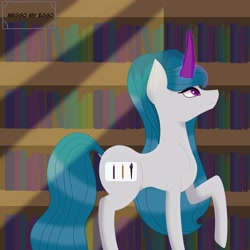 Size: 3000x3000 | Tagged: safe, artist:meggomyeggo42, oc, oc only, equine, fictional species, mammal, pony, unicorn, feral, friendship is magic, hasbro, my little pony, 2021, curved horn, female, glowing, glowing horn, high res, horn, indoors, library, looking up, mare, smiling, solo, solo female, tail