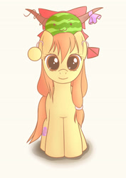 Size: 2480x3507 | Tagged: safe, artist:d仔, suika ibuki (touhou), earth pony, equine, fictional species, mammal, oni, pony, yokai, feral, friendship is magic, hasbro, my little pony, touhou, 2014, bow, crossover, female, food, fruit, high res, horns, mare, ponified, solo, solo female, species swap, watermelon