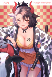 Size: 787x1165 | Tagged: safe, artist:roke, urumi ushizaki (touhou), animal humanoid, bovid, cattle, cow, fictional species, mammal, feral, humanoid, touhou, 2021, big breasts, bottomwear, breasts, clothes, duo, duo female, female, females only, holiday, horns, katana, new year, new year 2021, skirt, sword, weapon