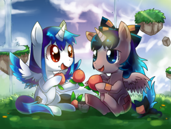 Size: 800x600 | Tagged: safe, artist:sukeyfour, shion yorigami (touhou), tenshi hinanawi (touhou), alicorn, equine, fictional species, mammal, pony, feral, friendship is magic, hasbro, my little pony, touhou, 2018, clothes, crossover, duo, duo female, eating, female, females only, food, fruit, hat, heaven, herbivore, mare, peach, ponified, species swap
