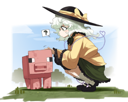 Size: 960x768 | Tagged: safe, artist:雛見, koishi komeiji (touhou), fictional species, mammal, pig, suid, yokai, feral, humanoid, minecraft, touhou, 2012, ambiguous gender, bottomwear, clothes, confused, crossover, duo, female, hat, skirt