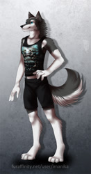 Size: 486x928 | Tagged: safe, artist:imanika, oc, oc only, canine, mammal, wolf, anthro, digitigrade anthro, blue eyes, bottomwear, clothes, male, shorts, smiling, solo, solo male, tank top, topwear