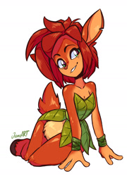 Size: 1309x1819 | Tagged: safe, artist:jamoart, elora (spyro), faun, fictional species, mammal, anthro, unguligrade anthro, spyro the dragon (series), 2d, bracelet, brown body, brown fur, brown hair, clothes, cute, eyebrows, eyelashes, female, fluff, fur, green eyes, hair, head tilt, hooves, jewelry, knee fluff, leaf, leg fluff, looking at you, pale belly, short hair, short tail, signature, simple background, smiling, smiling at you, solo, solo female, tail, tail fluff, tan body, tan fur, ungulate, white background