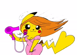Size: 3178x2296 | Tagged: safe, artist:tropius-passion, oc, oc only, oc:peka (tropius-passion), fictional species, mammal, pikachu, anthro, nintendo, pokémon, 2015, :3, electricity, female, hair, hair dryer, high res, holding object, plug, simple background, smiling, solo, solo female, tail, white background, windswept hair