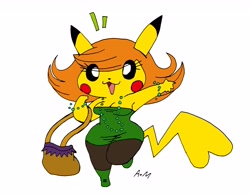 Size: 3178x2482 | Tagged: safe, artist:tropius-passion, oc, oc only, oc:peka (tropius-passion), fictional species, mammal, pikachu, anthro, nintendo, pokémon, 2015, armpits, bag, boots, bracelet, breasts, cleavage, clothes, dress, female, hair, high res, jewelry, legwear, lifted leg, looking at you, necklace, on one leg, open mouth, open smile, shoes, simple background, smiling, solo, solo female, tail, waving, white background