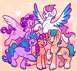 Size: 1200x1107 | Tagged: safe, artist:starsalts, hitch trailblazer (mlp), izzy moonbow (mlp), pipp petals (mlp), sunny starscout (mlp), zipp storm (mlp), earth pony, equine, fictional species, mammal, pegasus, pony, unicorn, feral, hasbro, my little pony, my little pony g5, my little pony: a new generation, spoiler, spoiler:my little pony g5, 2021, cute, ear fluff, eyes closed, feathered wings, feathers, female, fluff, flying, group, heart, horn, male, mane five (mlp g5), mare, open mouth, smiling, spread wings, stallion, tail, wings