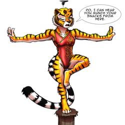 Size: 3000x3000 | Tagged: safe, artist:mykegreywolf, master tigress (kung fu panda), big cat, feline, mammal, tiger, anthro, digitigrade anthro, dreamworks animation, kung fu panda, 2021, annoyed, breasts, clothes, eyes closed, female, fur, high res, on one leg, one-piece swimsuit, open mouth, red swimsuit, simple background, solo, solo female, speech bubble, spread arms, standing, striped fur, swimsuit, tigress, white background
