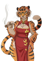Size: 1052x1488 | Tagged: safe, artist:dktorzi, artist:doctorzi, master tigress (kung fu panda), big cat, feline, mammal, tiger, anthro, dreamworks animation, kung fu panda, 2021, boob window, breasts, cheongsam, chinese dress, cleavage, cleavage fluff, clothes, dress, female, fluff, fur, hand on hip, looking at you, orange body, orange fur, shoulder fluff, side slit, simple background, slit pupils, smoking pipe, solo, solo female, striped fur, tan body, tan fur, thighs, tigress, total sideslit, whiskers, white background, yellow eyes