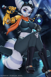 Size: 800x1200 | Tagged: suggestive, artist:turtlessoul, rivet (r&c), fictional species, lombax, mammal, anthro, plantigrade anthro, ratchet & clank, 2021, blue eyes, boots, bottomwear, breasts, cameltoe, clothes, ear piercing, earring, ears, eyebrows, eyelashes, female, fluff, goggles, goggles on head, hair, hammer, looking at you, pants, piercing, pink nose, prosthetic arm, prosthetics, scarf, shoes, silver hair, solo, solo female, tail, tail fluff, tank top, topwear, weapon