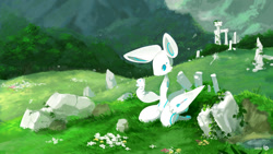 Size: 1200x676 | Tagged: safe, artist:tysontan, arthropod, butterfly, insect, anthro, cc by-sa, creative commons, 2009, blue eyes, cheek fluff, detachable limbs, electric hearts, fluff, grass, kneeling, male, ruins, scenery, scenery porn, sci-fi, signature, solo, solo male, white body