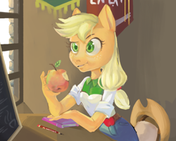 Size: 1000x800 | Tagged: safe, artist:lemon-aide123, applejack (mlp), equine, mammal, pony, anthro, friendship is magic, hasbro, my little pony, 2019, anthrofied, apple, equestria girls outfit, female, food, fruit, solo, solo female