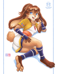 Size: 770x1000 | Tagged: safe, artist:kacey, lop (star wars: visions), lagomorph, mammal, rabbit, anthro, star wars, star wars: visions, 2021, blue eyes, bottomwear, brown body, brown fur, brown hair, cheek fluff, clothes, female, fluff, fur, hair, hair accessory, leg warmers, legwear, looking at you, lying down, neck fluff, on side, paw pads, paws, shirt, shorts, simple background, smiling, solo, solo female, toeless legwear, topwear, underpaw, white background