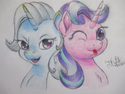 Size: 4608x3456 | Tagged: safe, artist:davidsoncch, starlight glimmer (mlp), trixie (mlp), equine, fictional species, mammal, pony, unicorn, feral, friendship is magic, hasbro, my little pony, 2021, duo, duo female, eyelashes, female, female/female, females only, fur, high res, mare, one eye closed, raspberry, shipping, simple background, smiling, startrix (mlp), tongue, tongue out, traditional art, white background, winking