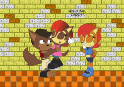 Size: 1240x875 | Tagged: artist needed, safe, princess sally acorn (sonic), oc, mammal, rodent, squirrel, anthro, archie sonic the hedgehog, sega, sonic the hedgehog (series), female, group, male, trio