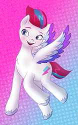 Size: 889x1425 | Tagged: safe, artist:delijz, zipp storm (mlp), equine, fictional species, mammal, pegasus, pony, feral, hasbro, my little pony, my little pony g5, my little pony: a new generation, spoiler, spoiler:my little pony g5, 2021, colored wingtips, female, fur, gradient background, mare, solo, solo female, white body, white fur, wings