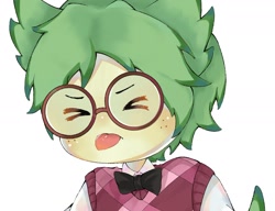 Size: 1602x1233 | Tagged: artist needed, safe, dorky (teen-z), animal humanoid, canine, dog, fictional species, mammal, humanoid, teen-z, clothes, cute, eyes closed, glasses, green hair, hair, male, round glasses, shirt, solo, solo male, tongue, tongue out, topwear