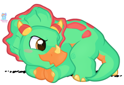 Size: 1896x1302 | Tagged: safe, artist:rainbow eevee, oc, oc:klaipeda the triceratops, ceratops, dinosaur, triceratops, blush sticker, brown eyes, female, orange body, pk xd, red spots, simple background, smiling, solo, solo female, spots, teal body, transparent background, two toned horns, vector