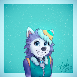 Size: 1920x1920 | Tagged: safe, artist:superspyshak, everest (paw patrol), canine, dog, husky, mammal, ambiguous form, nickelodeon, paw patrol, clothes, ears, female, hat, headwear, jacket, solo, solo female, topwear