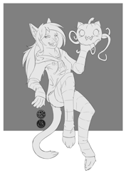 Size: 2480x3508 | Tagged: safe, alternate version, artist:madgehog, cat, feline, mammal, anthro, clothes, grayscale, hair, halloween, high res, holiday, hoodie, jumping, legwear, line art, long hair, looking at you, monochrome, owo, pumpkin, smiling, smirk, socks, stockings, stripes, teeth, tentacles, topwear, vegetables
