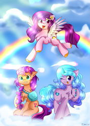 Size: 905x1274 | Tagged: safe, artist:starflashing twinkle, izzy moonbow (mlp), pipp petals (mlp), sunny starscout (mlp), earth pony, equine, fictional species, mammal, pegasus, pony, unicorn, feral, hasbro, my little pony, my little pony g5, spoiler, spoiler:my little pony g5, 2021, badge, bag, bracelet, braid, chest fluff, cloud, cropped, cute, cutie mark, feathered wings, feathers, female, fluff, flying, group, hair, hooves, horn, jewelry, jewels, looking at you, low res, mare, medal, one eye closed, open mouth, rainbow, raised hoof, signature, sitting, sky, smiling, spread wings, spreading, sunlight, tail, tongue, tongue out, trio, unshorn fetlocks, wings, winking