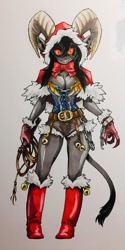 Size: 642x1288 | Tagged: safe, artist:twisted-wind, krampus, oc, oc:hilda krampus, bovid, caprine, demon, fictional species, mammal, humanoid, bell, belt, big breasts, big eyes, black hair, breasts, chains, cleavage, clothes, corset, curved horns, ear piercing, earring, female, gloves, grin, hair, hood, horns, krampa, leather boots, piercing, pointy ears, red boots, red eyes, sharp teeth, solo, solo female, tail, teeth, topwear, whip