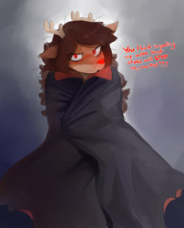 Size: 1033x1280 | Tagged: safe, artist:the-minuscule-task, oc, oc only, oc:rue keighland, cervid, deer, fictional species, mammal, reindeer, undead, vampire, anthro, 2021, blushing, cloak, explicit source, female, glowing, glowing nose, looking at you, red nose, solo, solo female