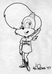 Size: 500x702 | Tagged: safe, artist:ken penders, princess sally acorn (sonic), chipmunk, mammal, rodent, anthro, archie sonic the hedgehog, sega, sonic the hedgehog (series), 1997, 20th century, black and white, boots, clothes, female, grayscale, hair, hair over one eye, line art, long eyelashes, looking to the side, monochrome, open mouth, shirt, shoes, signature, smiling, solo, solo female, t-shirt, text, text on clothing, text on shirt, topwear