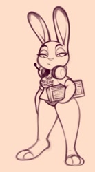 Size: 354x641 | Tagged: safe, artist:stunnerpony, judy hopps (zootopia), lagomorph, mammal, rabbit, anthro, disney, zootopia, 2021, breasts, cleavage, clothes, female, headphones, headwear, keyboard, lidded eyes, low res, monochrome, panties, shirt, small breasts, solo, solo female, t-shirt, text, text on clothing, text on shirt, topwear, underwear