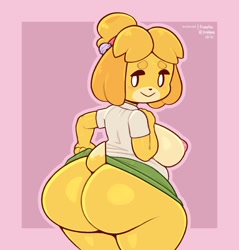 Size: 957x1000 | Tagged: suggestive, artist:purplpuss, isabelle (animal crossing), canine, dog, mammal, shih tzu, anthro, animal crossing, nintendo, 2021, big belly, blush sticker, bottomwear, breasts, clothes, fat, fur, hair, hair tie, huge breasts, hyper, hyper butt, looking back, overweight, puffy nipples, shirt, short tail, sideboob, simple background, skirt, smiling, tail, text, topwear, url, yellow body, yellow fur