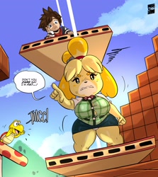 Size: 2500x2800 | Tagged: suggestive, artist:joaoppereiraus, isabelle (animal crossing), sora (kingdom hearts), canine, dog, human, mammal, shih tzu, anthro, humanoid, animal crossing, disney, kingdom hearts, mario (series), nintendo, square enix, super smash brothers, 2021, 5 fingers, ambiguous gender, angry, big breasts, breasts, brick block, brown hair, clothes, crossover, dialogue, female, fist, fur, group, hair, high res, hourglass figure, huge thighs, koopa troopa (mario), male, outdoors, panties, pointing, shouting, speech bubble, sweat, talking, talking to viewer, text, trio, underwear, watermark, yellow body, yellow fur
