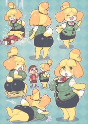 Size: 636x900 | Tagged: suggestive, artist:norihito, isabelle (animal crossing), villager (animal crossing), canine, dog, gyroid, human, mammal, shih tzu, anthro, humanoid, animal crossing, nintendo, 2021, barefoot, big belly, big butt, black nose, black outline, blush sticker, bottomwear, breasts, butt, clothes, curvy, dot eyes, double outline, duo, duo male and female, eyes closed, facesitting, fat, female, fur, huge breasts, looking to the side, male, open mouth, overweight, panties, shirt, shocked, shoes, shorts, skirt, smiling, t-shirt, tail, topwear, tripping, underwear, white outline, yellow body, yellow fur