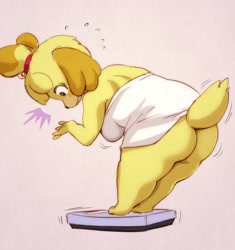 Size: 1204x1280 | Tagged: suggestive, artist:メロソリーフ, isabelle (animal crossing), canine, dog, mammal, shih tzu, anthro, animal crossing, nintendo, 2021, bending over, big breasts, black nose, blush sticker, breasts, butt, eyelashes, fat, female, fur, hair, hair tie, huge butt, overweight, scale, shocked, simple background, solo, solo female, tail, towel, weight gain, yellow body, yellow fur