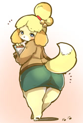 Size: 742x1100 | Tagged: suggestive, artist:kurage_setouchi, isabelle (animal crossing), canine, dog, mammal, shih tzu, anthro, animal crossing, nintendo, 2021, barefoot, big butt, blushing, bottomwear, butt, clipboard, clothes, female, fur, gradient background, hair, hair tie, looking at you, looking back, looking back at you, open mouth, paw pads, paw prints, paws, rear view, skirt, solo, solo female, tail, topwear, yellow body, yellow fur