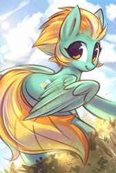 Size: 2020x3000 | Tagged: safe, artist:mirroredsea, lightning dust (mlp), equine, fictional species, mammal, pegasus, pony, feral, friendship is magic, hasbro, my little pony, 2021, feathered wings, feathers, female, flying, green body, high res, looking at you, looking back, looking back at you, mare, smiling, solo, solo female, tail, wings