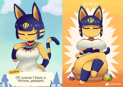 Size: 2048x1457 | Tagged: safe, artist:gammainks, ankha (animal crossing), cat, feline, mammal, anthro, animal crossing, nintendo, 2021, blue hair, blue tail, breasts, crossed arms, curvy, eyes closed, female, front view, funny, fur, gradient background, hair, hand on hip, huge breasts, long tail, no nose, open mouth, orange background, outdoors, simple background, sitting, smiling, solo, solo female, striped hair, striped tail, stripes, tail, talking, text, thick thighs, thighs, three-quarter view, toy mouse, yellow body, yellow fur, yellow hair, yellow tail