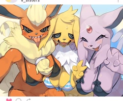 Size: 2732x2248 | Tagged: safe, artist:kame, eeveelution, espeon, fictional species, flareon, jolteon, mammal, anthro, nintendo, pokémon, 2021, anthrofied, belly button, big breasts, bikini, blushing, breasts, chest fluff, clothes, digital art, ears, eyelashes, female, females only, floppy ears, fluff, fur, high res, looking at you, open mouth, sharp teeth, swimsuit, tail, teeth, tongue, tongue out, trio, trio female, wide hips